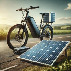 Solarladeeinrichtung für ein E-Bike mit tragbaren Solarpanels im Freien, unter blauem Himmel und auf grünen Feldern, die umweltfreundliche und nachhaltige Energiequelle darstellend.