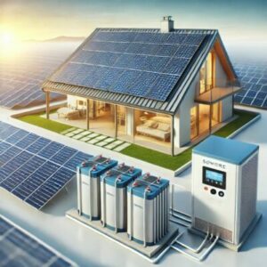 Illustration einer modernen Solaranlage mit Solarmodulen auf dem Dach, einem Lithium-Ionen-Stromspeicher und einem Wechselrichter, die gemeinsam die Umwandlung und Speicherung von Solarenergie darstellen.