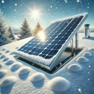 Solaranlage auf schneebedecktem Dach im Winter, mit schräg ausgerichteten Solarpanels und leicht schmelzendem Schnee, umgeben von kahlen Bäumen bei klarem Himmel.