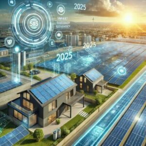 Zukunftsweisende Solaranlage im Jahr 2025 mit hochmodernen, mehrschichtigen Solarmodulen auf Dächern und in offenen Feldern. Im Hintergrund ein modernes Haus mit Smart-Home-Integration und Energiespeichersystemen