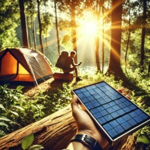 Person beim Camping in der Natur mit tragbarem Solarpanel, das elektronische Geräte auflädt. Die Szene zeigt einen sonnigen Tag mit blauen Himmel und einem Zelt in der Nähe. Ideal zur Veranschaulichung von Solaranlagen für Camping und Outdoor-Aktivitäten.