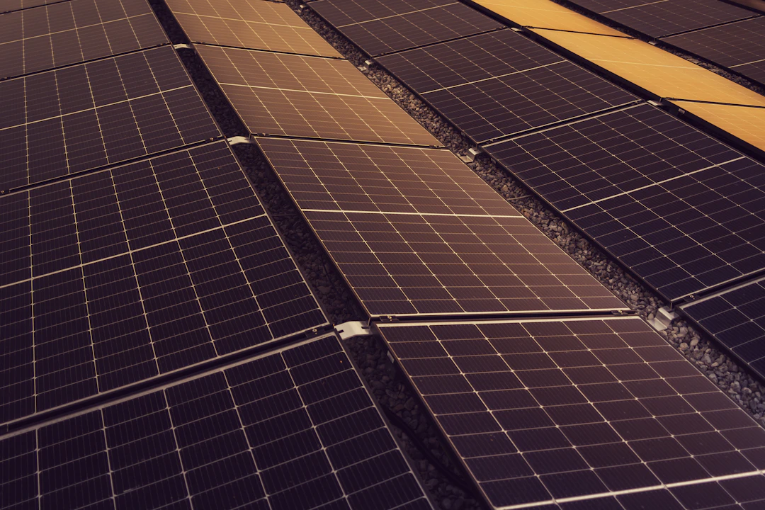 Mehrere Reihen Solarmodule auf einem Dach