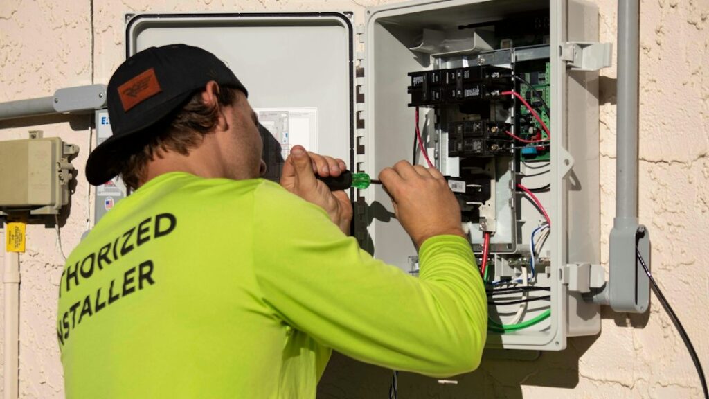 Techniker arbeitet an elektrischen Leitungen einer Solaranlage